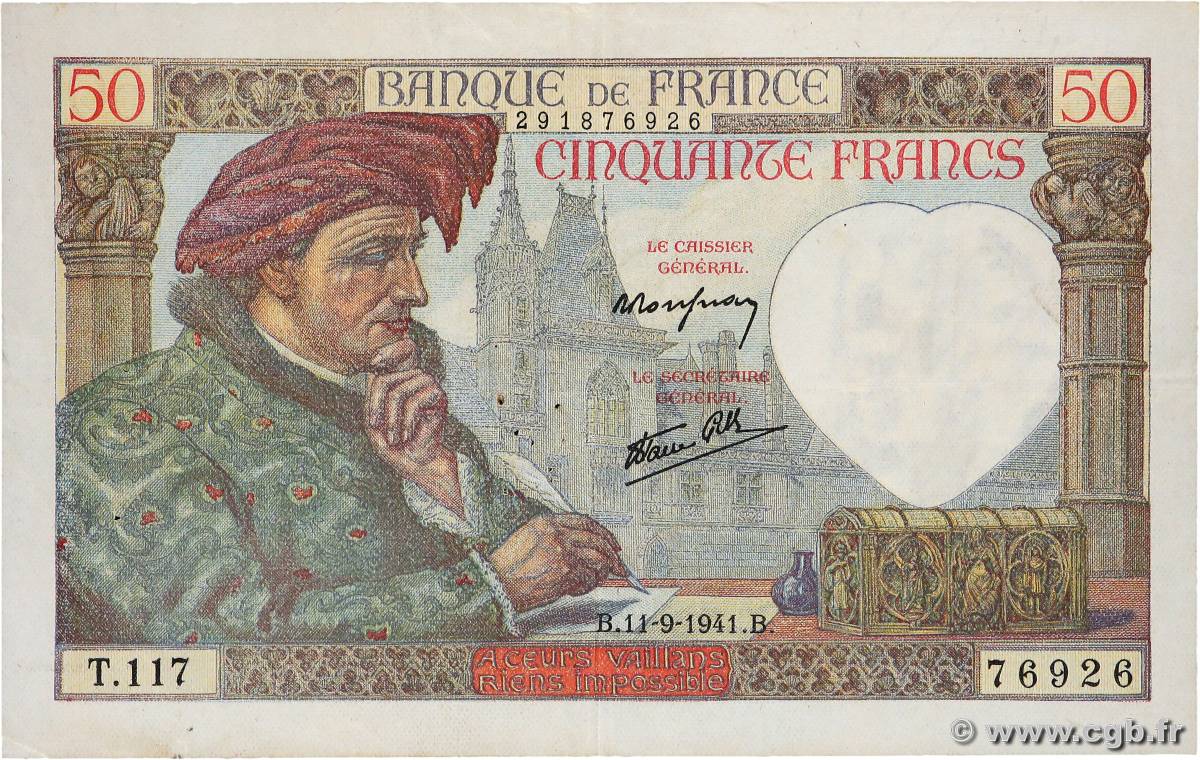 50 Francs JACQUES CŒUR FRANCE  1941 F.19.14 F