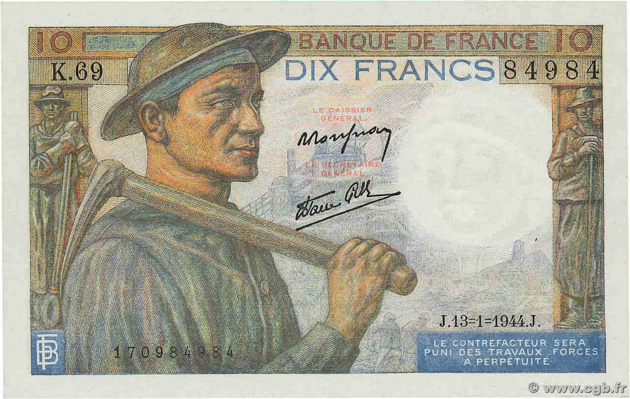 10 Francs MINEUR FRANCE  1944 F.08.10 SPL+