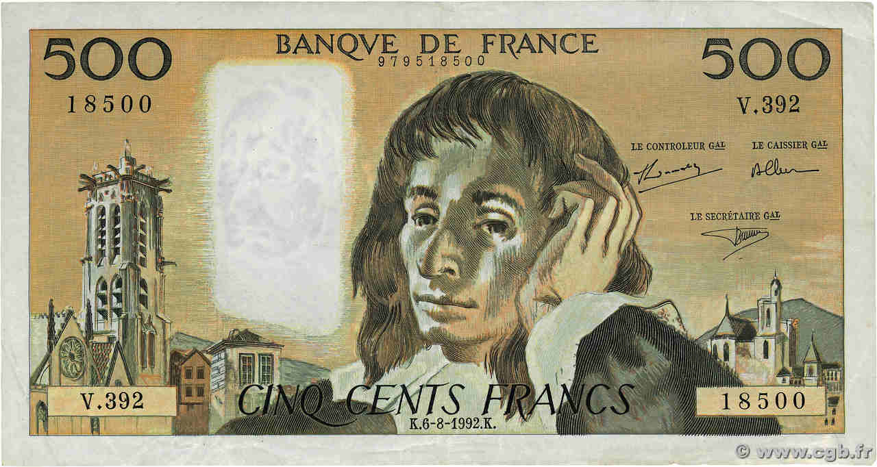 500 Francs PASCAL FRANCE  1992 F.71.50 VF+
