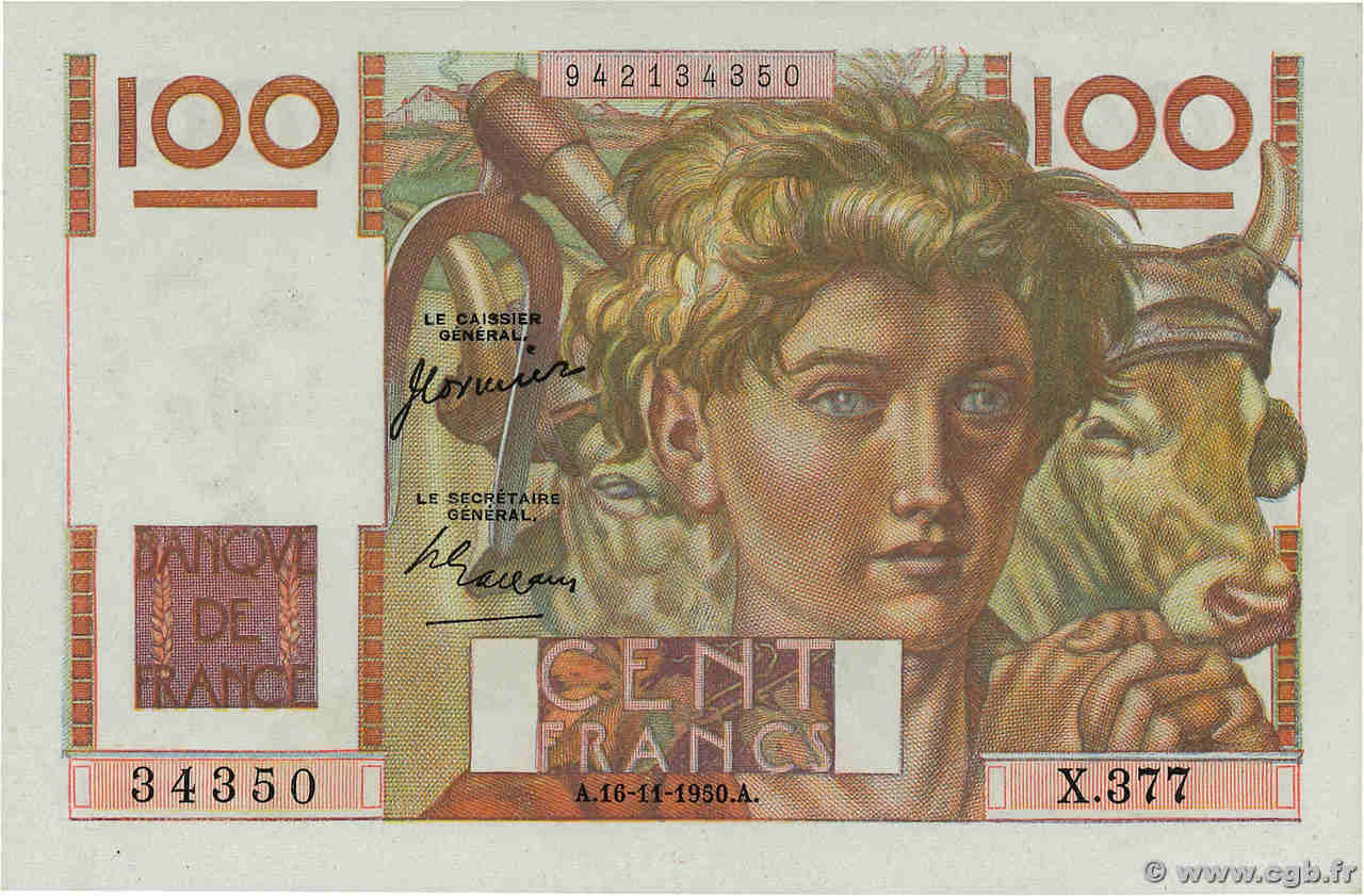 100 Francs JEUNE PAYSAN FRANKREICH  1950 F.28.28 fST