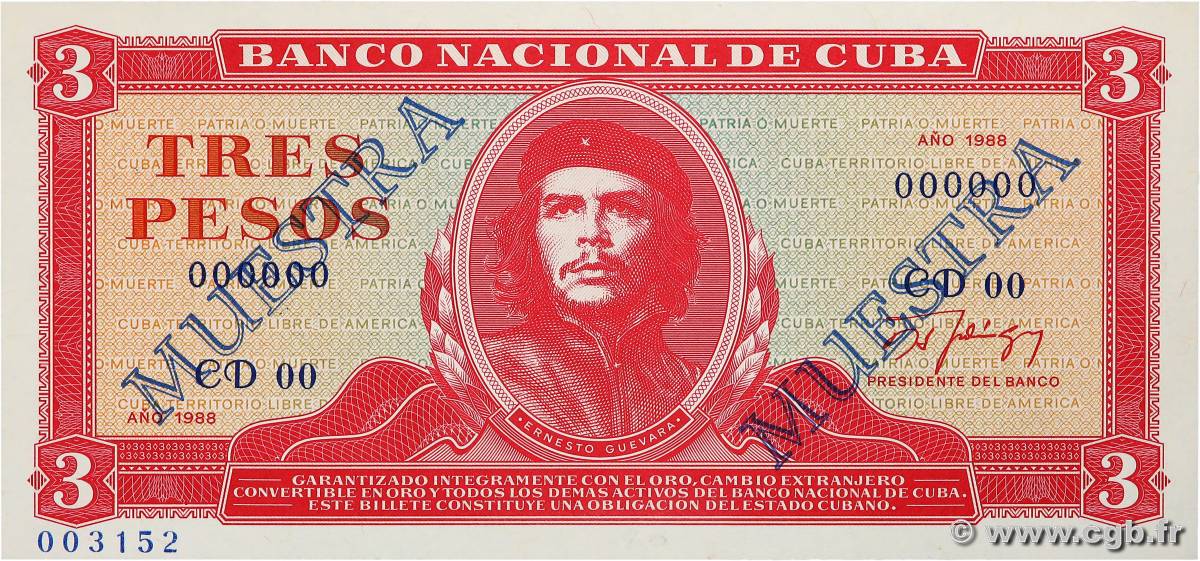 3 Pesos Spécimen KUBA  1988 P.107b ST