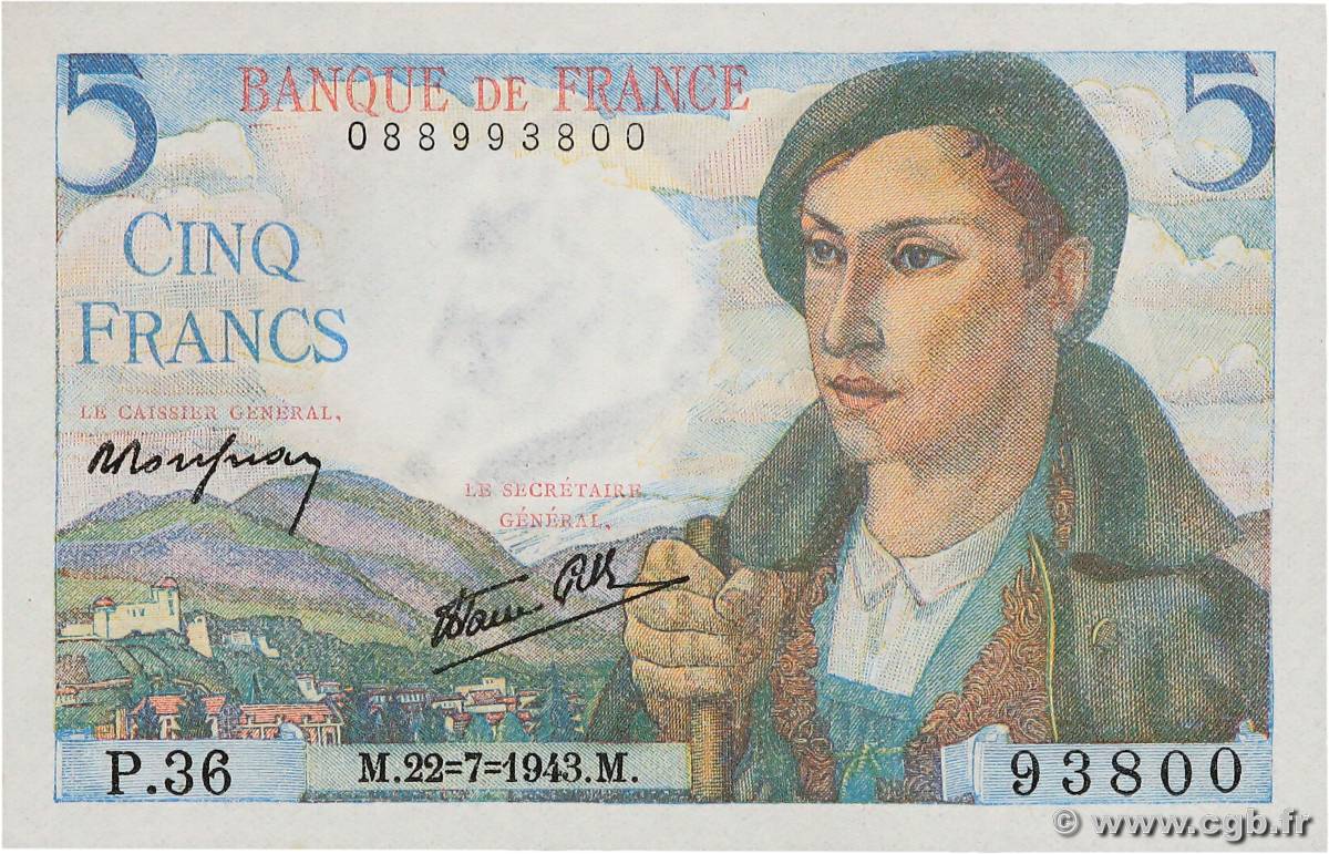 5 Francs BERGER FRANKREICH  1943 F.05.02 fST+