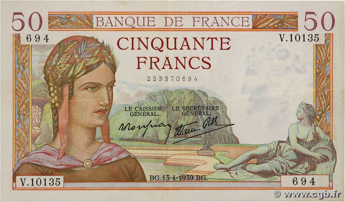 50 Francs CÉRÈS modifié FRANCIA  1939 F.18.25 MBC