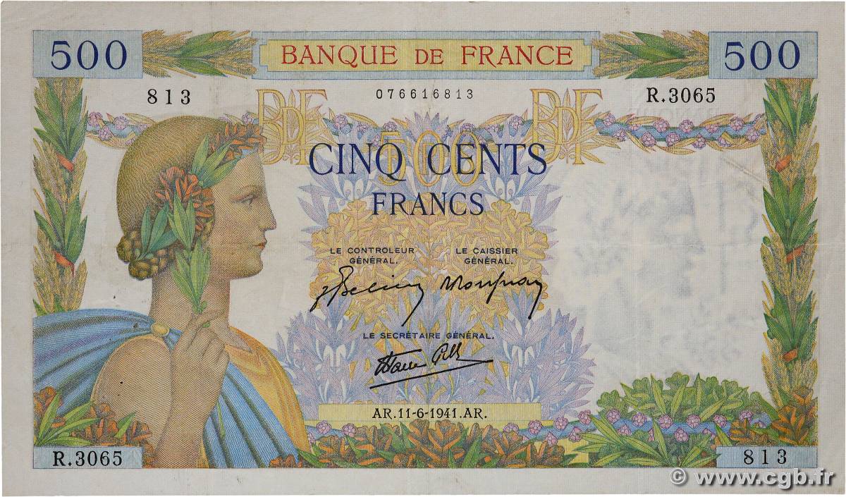 500 Francs LA PAIX FRANCE  1941 F.32.18 VF-