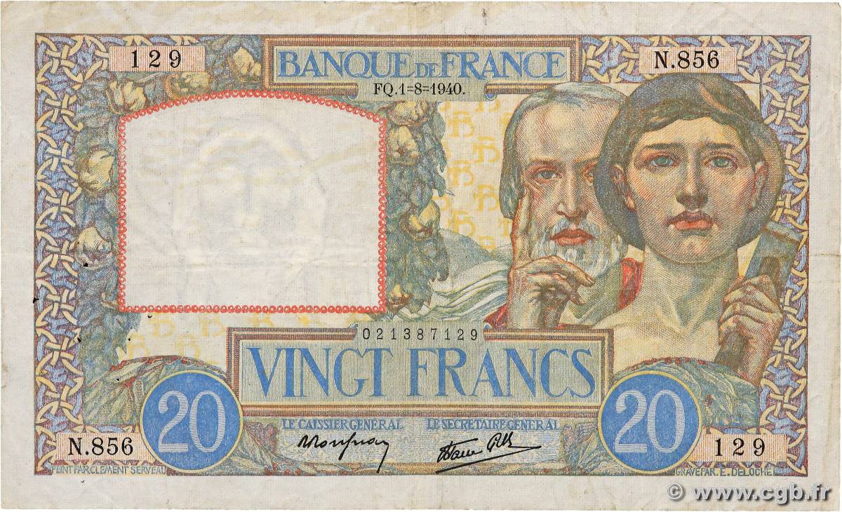 20 Francs TRAVAIL ET SCIENCE FRANCE  1940 F.12.05 F
