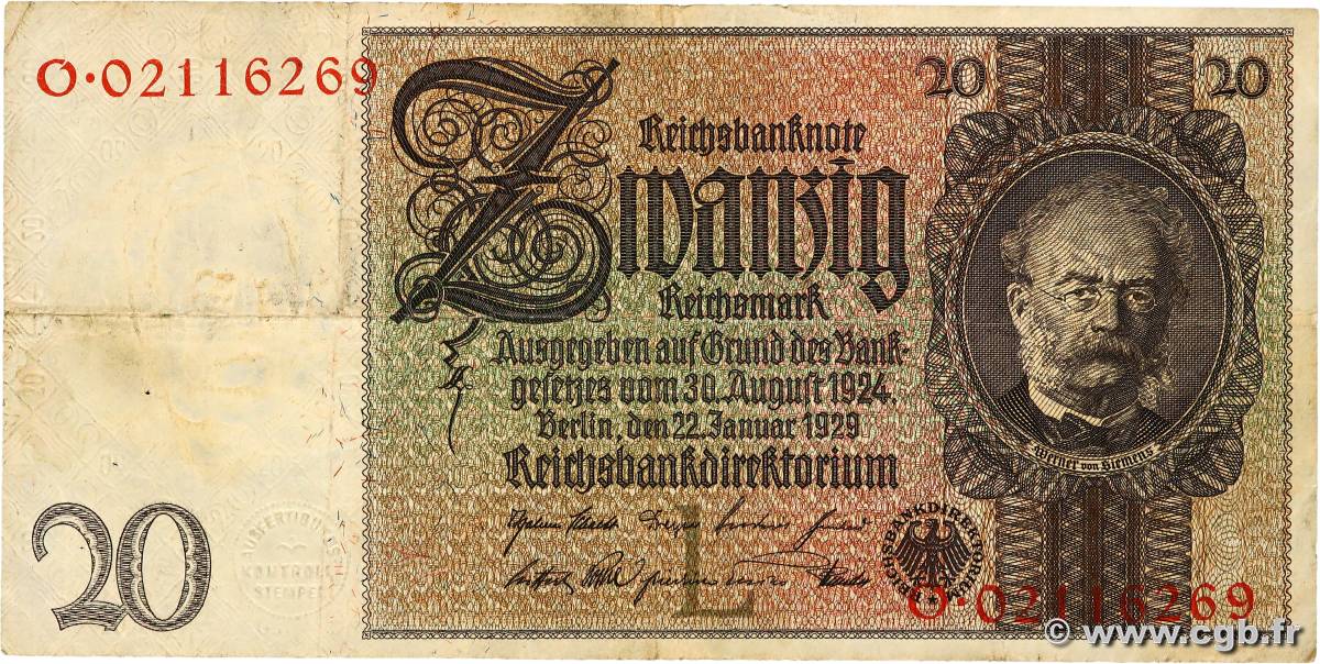 20 Reichsmark GERMANY  1929 P.181b F+
