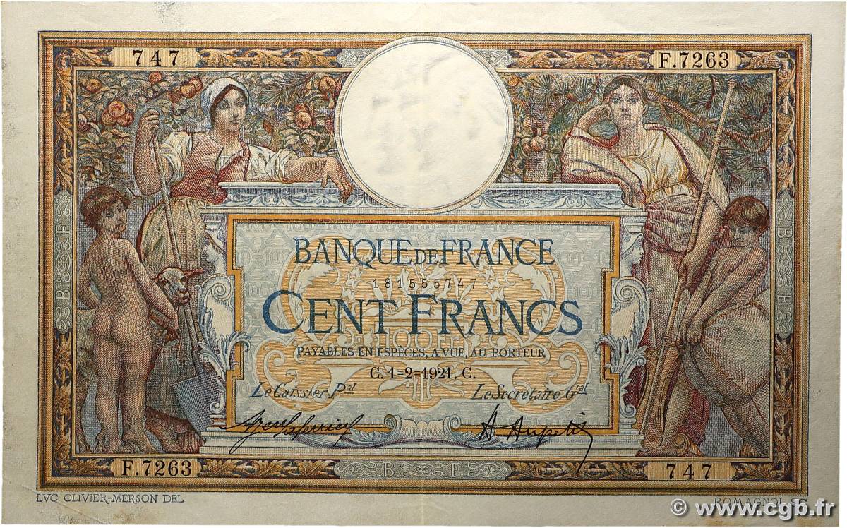 100 Francs LUC OLIVIER MERSON sans LOM FRANCE  1921 F.23.14 pr.SUP