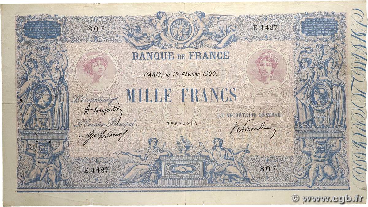 1000 Francs BLEU ET ROSE FRANCE  1920 F.36.35 B+