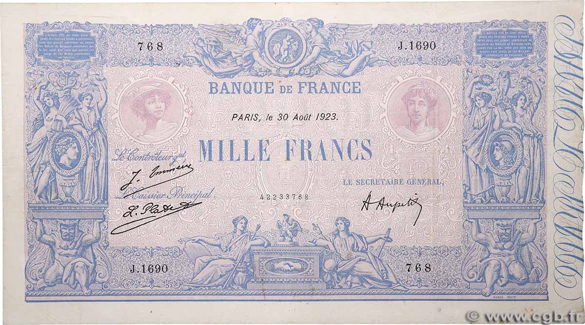 1000 Francs BLEU ET ROSE FRANCIA  1923 F.36.39 q.BB