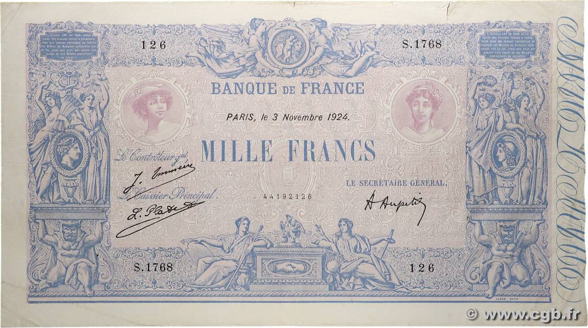 1000 Francs BLEU ET ROSE FRANCE  1924 F.36.40 TB