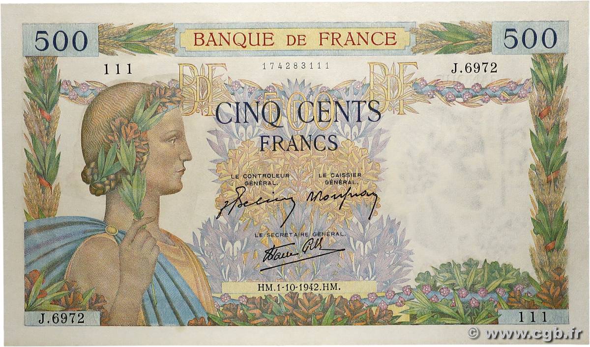 500 Francs LA PAIX FRANCE  1942 F.32.41 pr.SPL