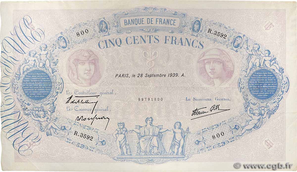 500 Francs BLEU ET ROSE modifié FRANCE  1939 F.31.41 VF+