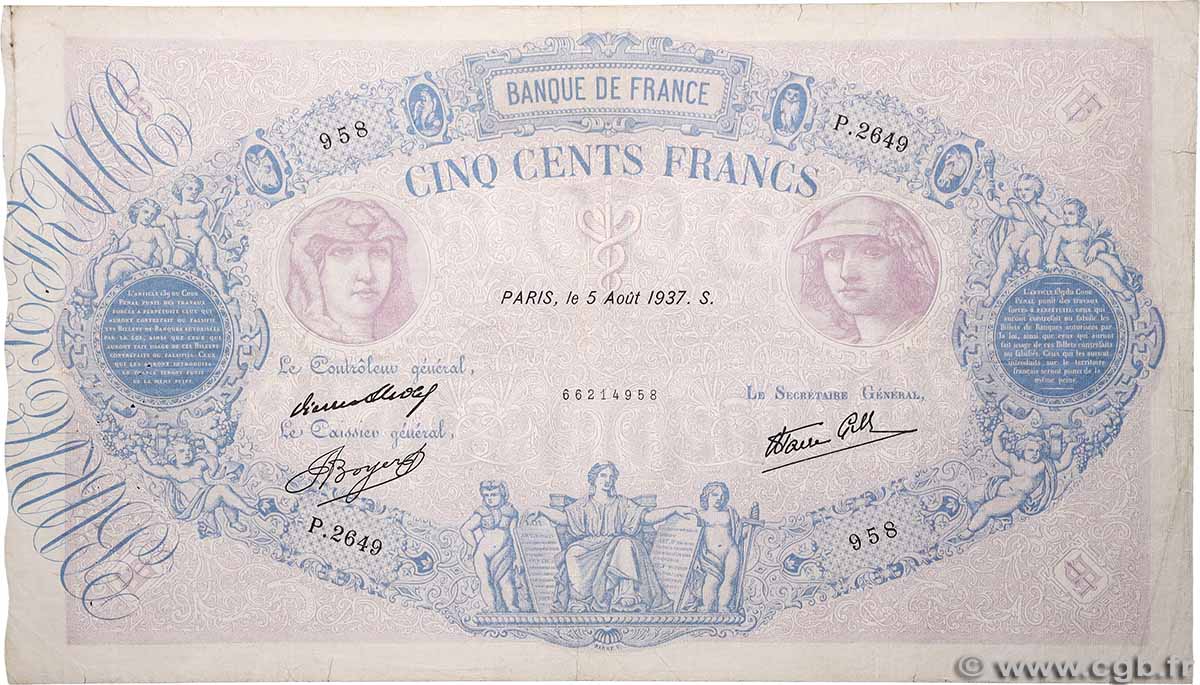500 Francs BLEU ET ROSE modifié FRANCIA  1937 F.31.01 MB