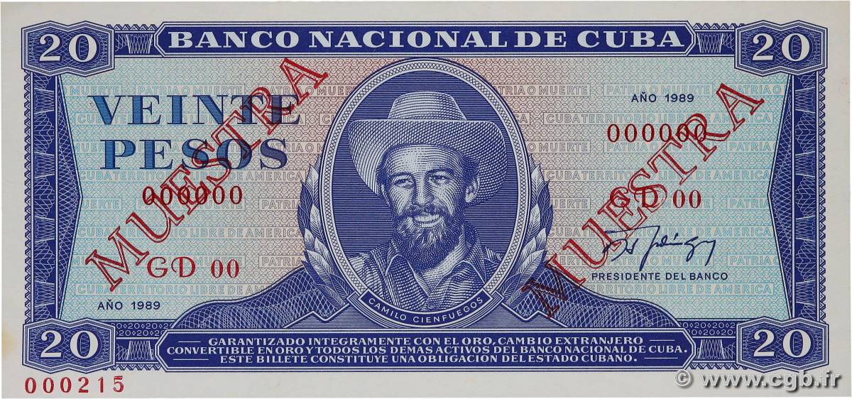 20 Pesos Spécimen CUBA  1989 P.105d q.FDC