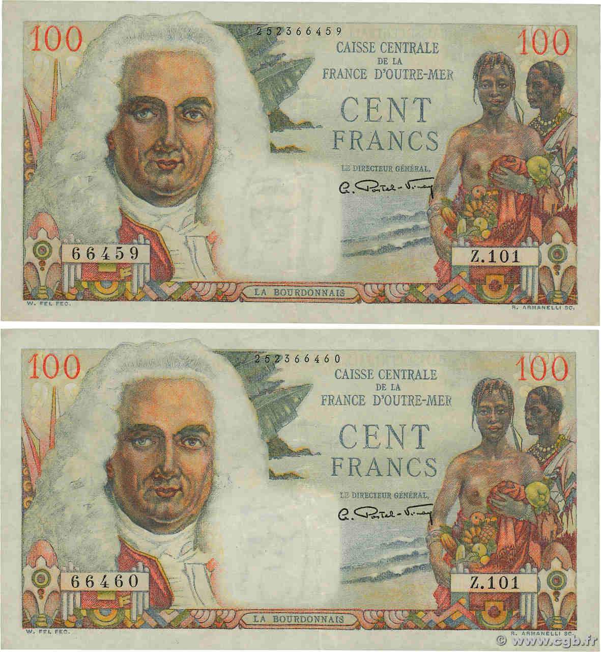 100 Francs La Bourdonnais CCFOM Consécutifs FRENCH EQUATORIAL AFRICA  1947 A.133a VF