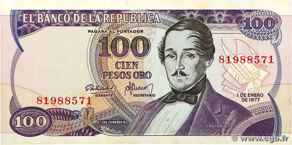 100 Pesos Oro COLOMBIA  1977 P.418a XF
