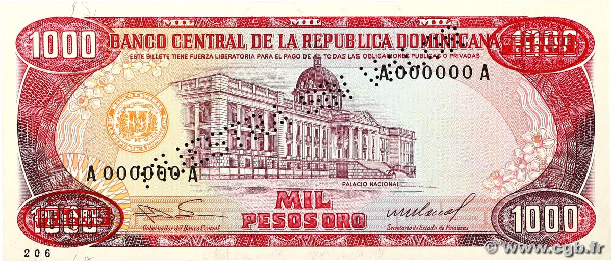 1000 Pesos Oro Spécimen RÉPUBLIQUE DOMINICAINE  1985 P.124s2 NEUF