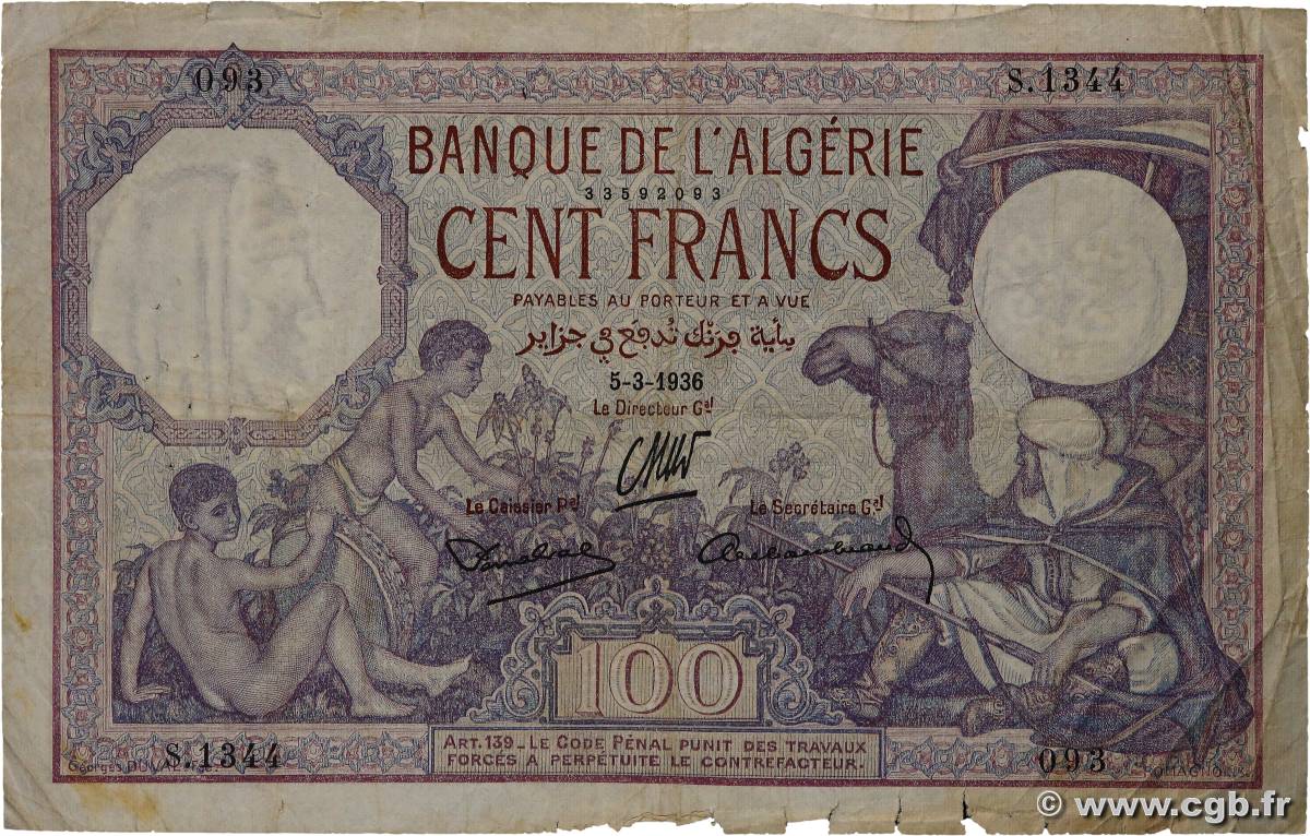 100 Francs ALGÉRIE  1936 P.081b B