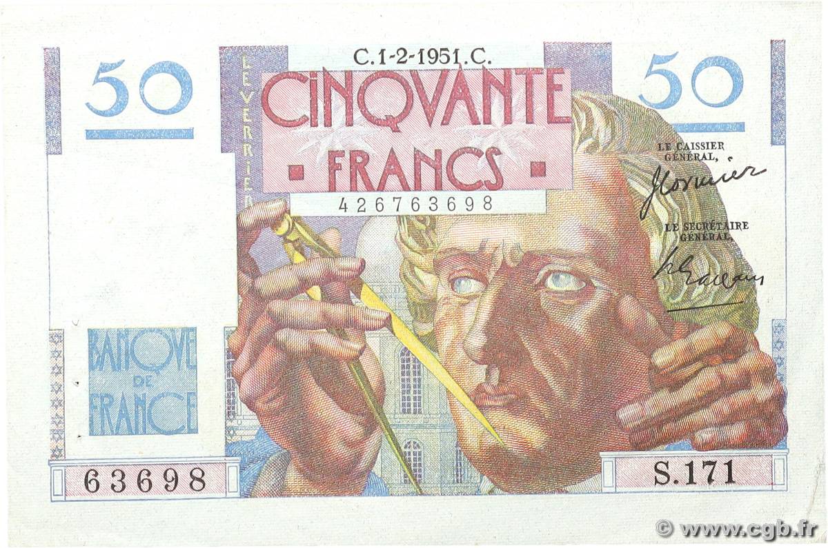 50 Francs LE VERRIER FRANCE  1951 F.20.17 XF-