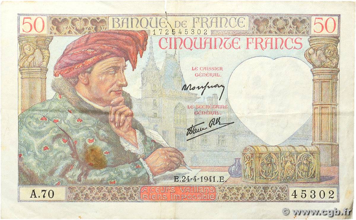 50 Francs JACQUES CŒUR FRANCE  1941 F.19.09 F
