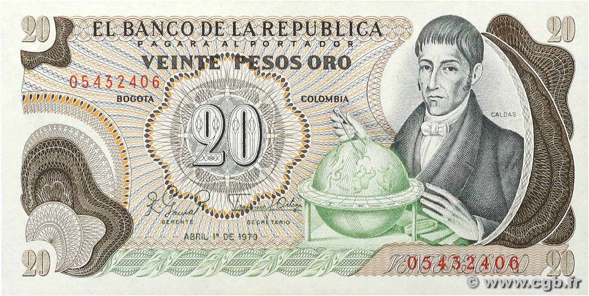 20 Pesos Oro COLOMBIA  1979 P.409d AU+