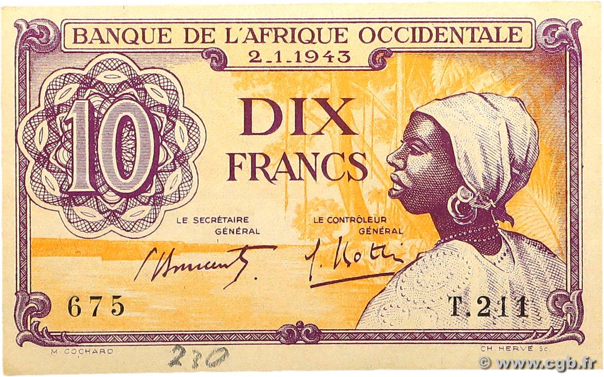 10 Francs FRENCH WEST AFRICA  1943 P.29 AU
