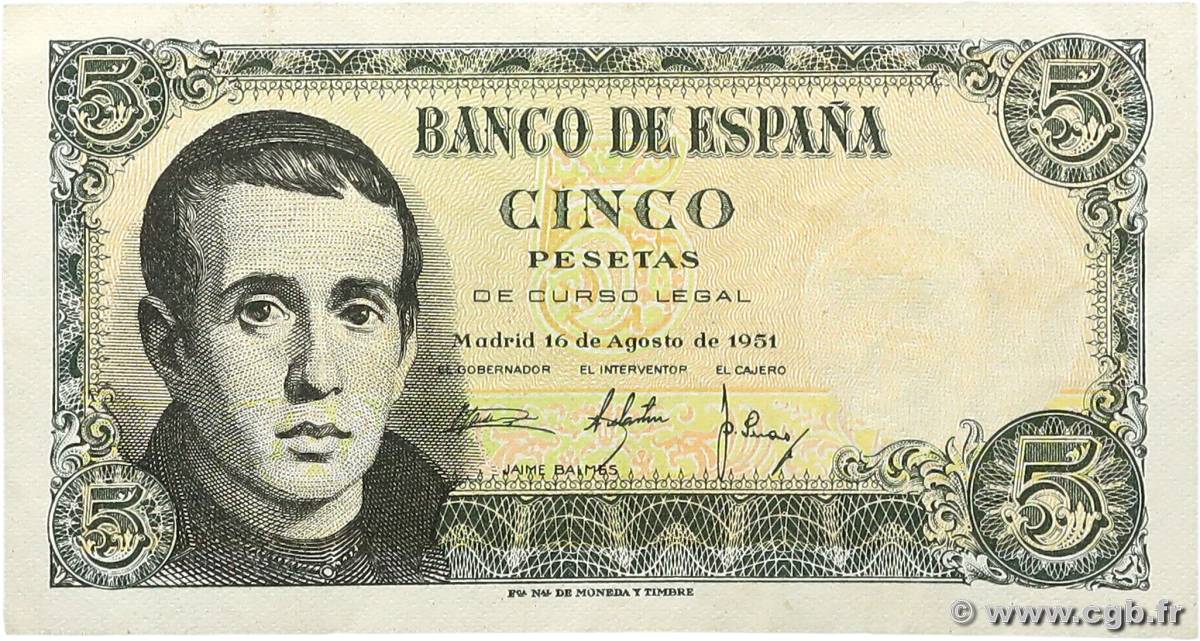 5 Pesetas SPAIN  1951 P.140a VF+