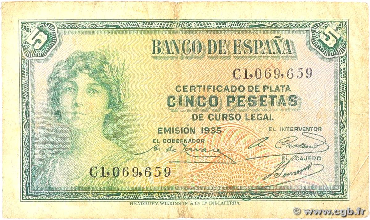 5 Pesetas SPAGNA  1935 P.085a MB