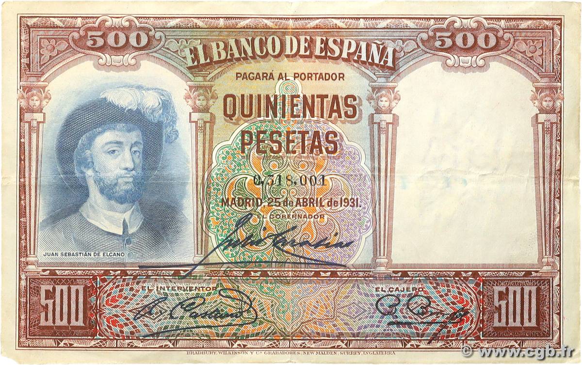 500 Pesetas SPAIN  1931 P.084 VF-