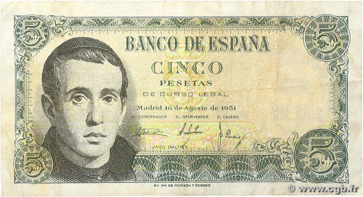 5 Pesetas SPAIN  1951 P.140a VF
