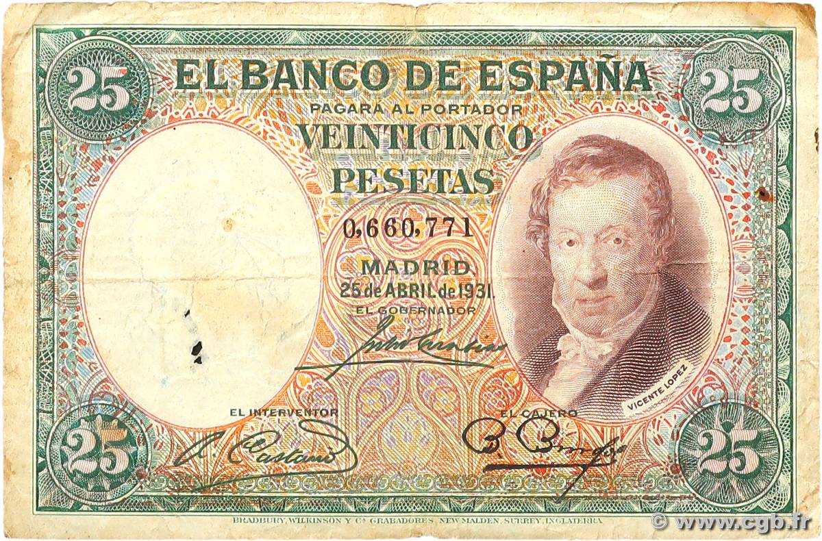 25 Pesetas ESPAÑA  1931 P.081 BC