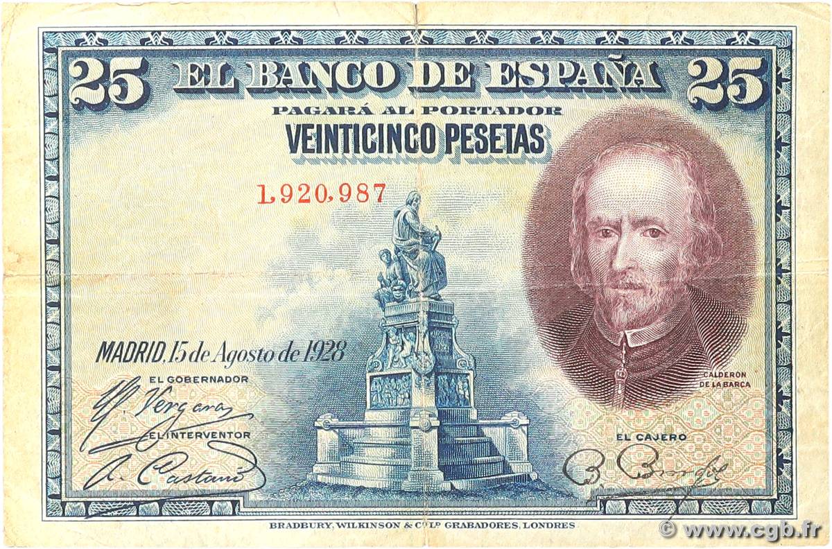 25 Pesetas SPAIN  1928 P.074a F
