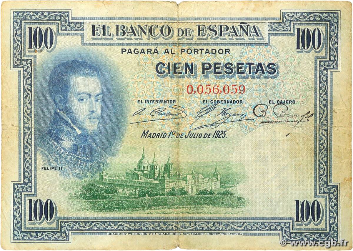 100 Pesetas SPAIN  1925 P.069a VG