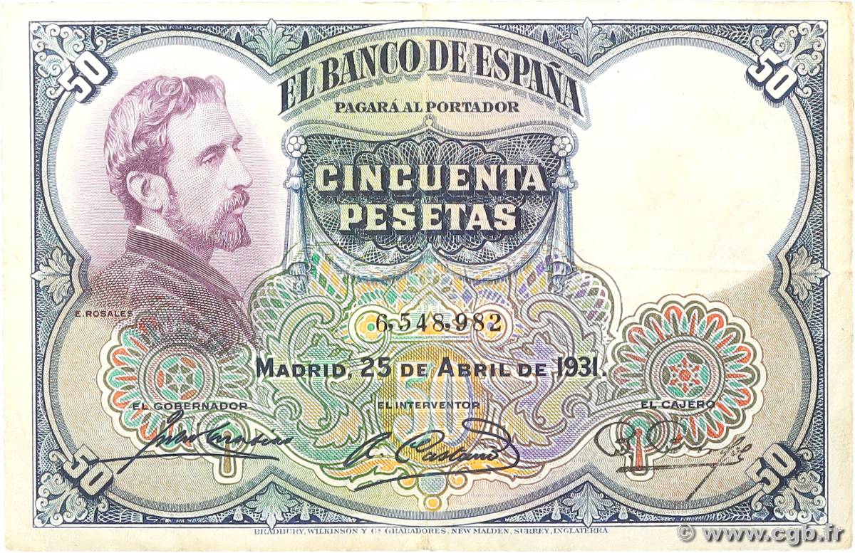 50 Pesetas SPAIN  1931 P.082 VF+