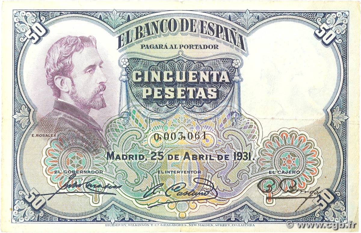 50 Pesetas SPAIN  1931 P.082 F+