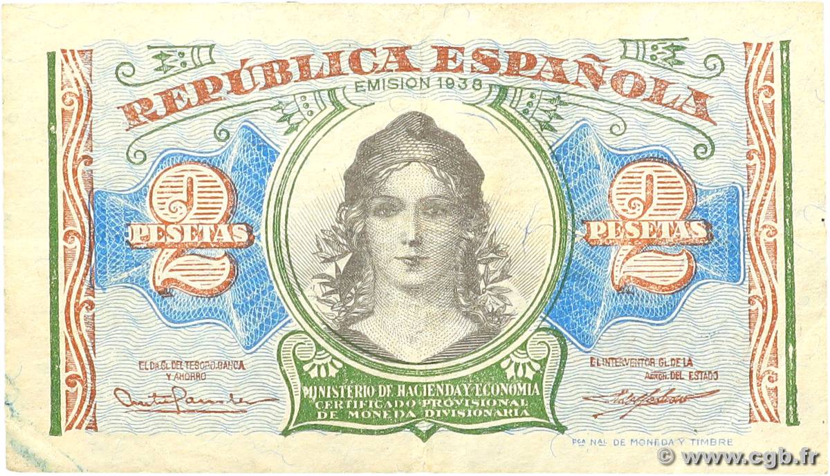 2 Pesetas SPAIN  1938 P.095 F+