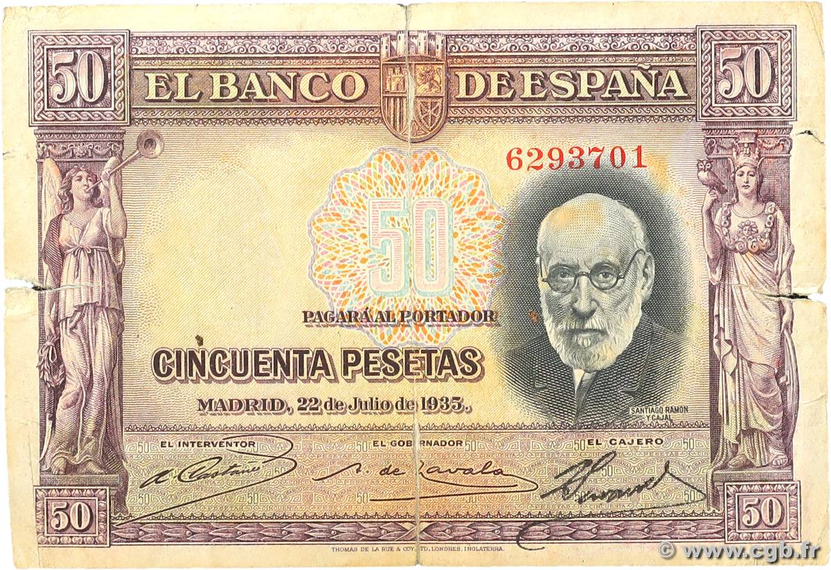 50 Pesetas SPAIN  1935 P.088 VG