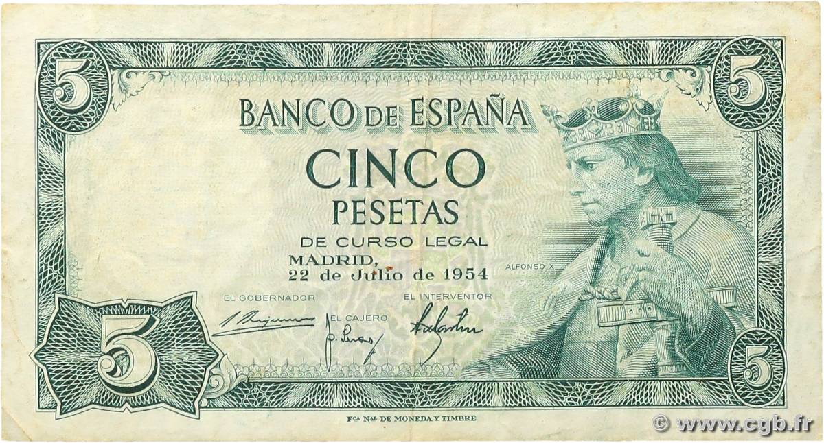 5 Pesetas SPAIN  1954 P.146 VF-