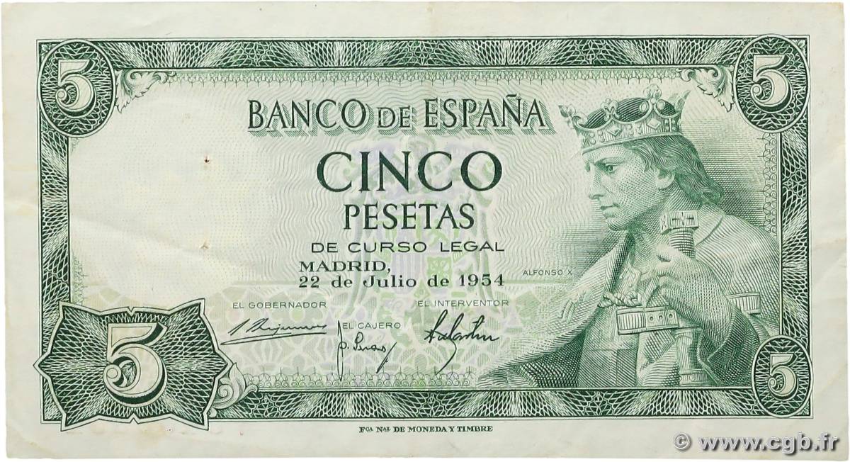 5 Pesetas SPAIN  1954 P.146 VF+