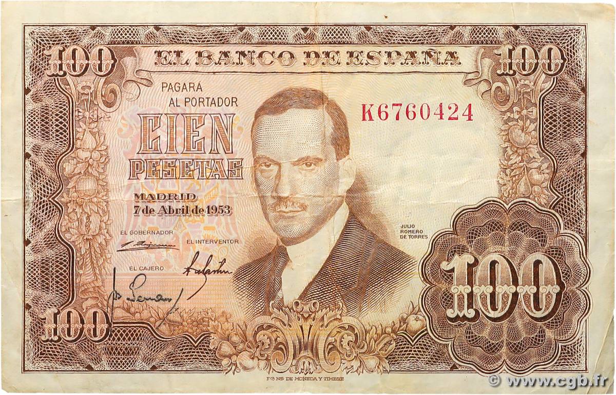 100 Pesetas SPAIN  1953 P.145 F+