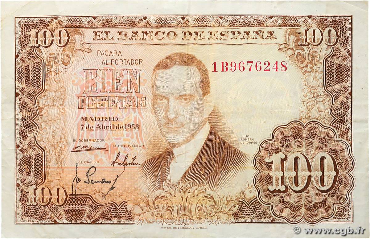 100 Pesetas SPAIN  1953 P.145 VF