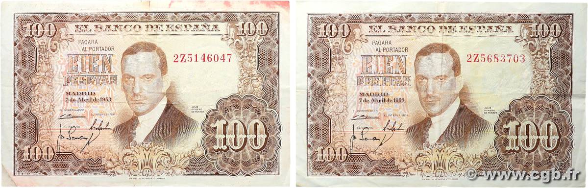 100 Pesetas Lot SPAIN  1953 P.145 VF