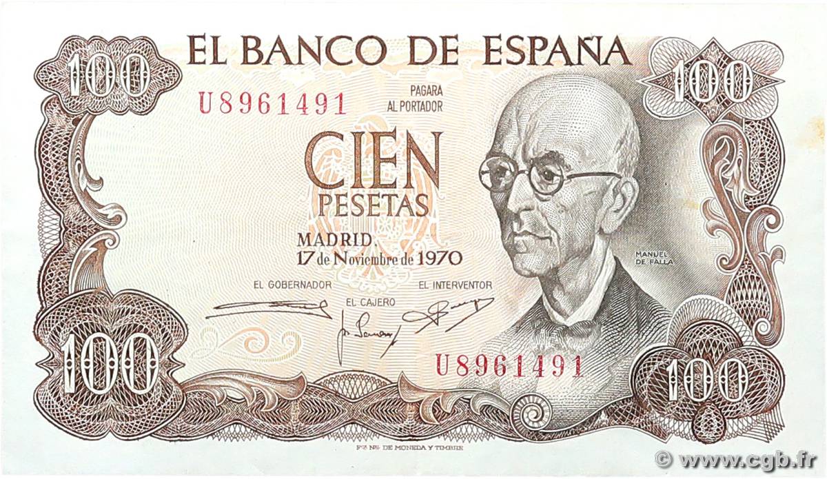100 Pesetas SPAIN  1970 P.152a XF