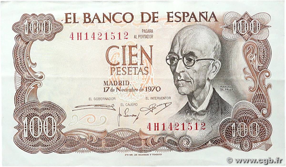 100 Pesetas SPAIN  1970 P.152a XF