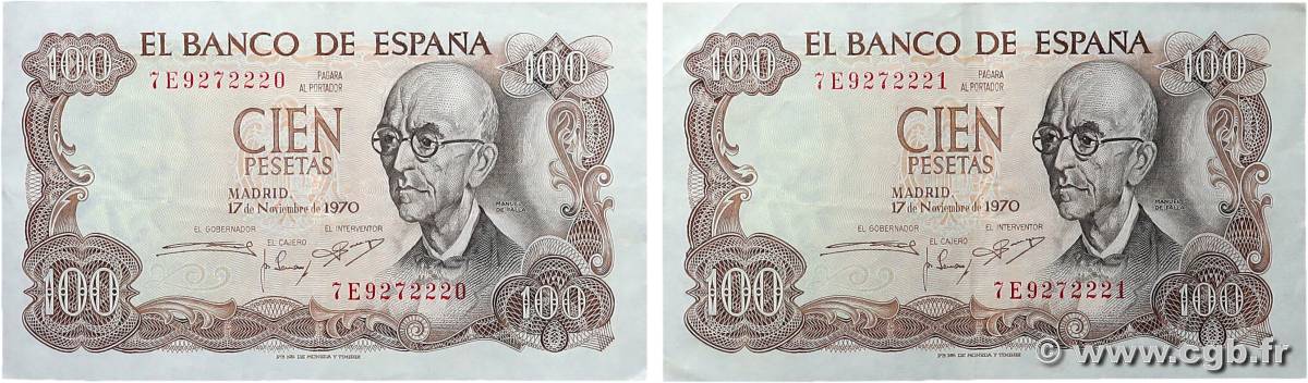 100 Pesetas Consécutifs SPAIN  1970 P.152a VF+