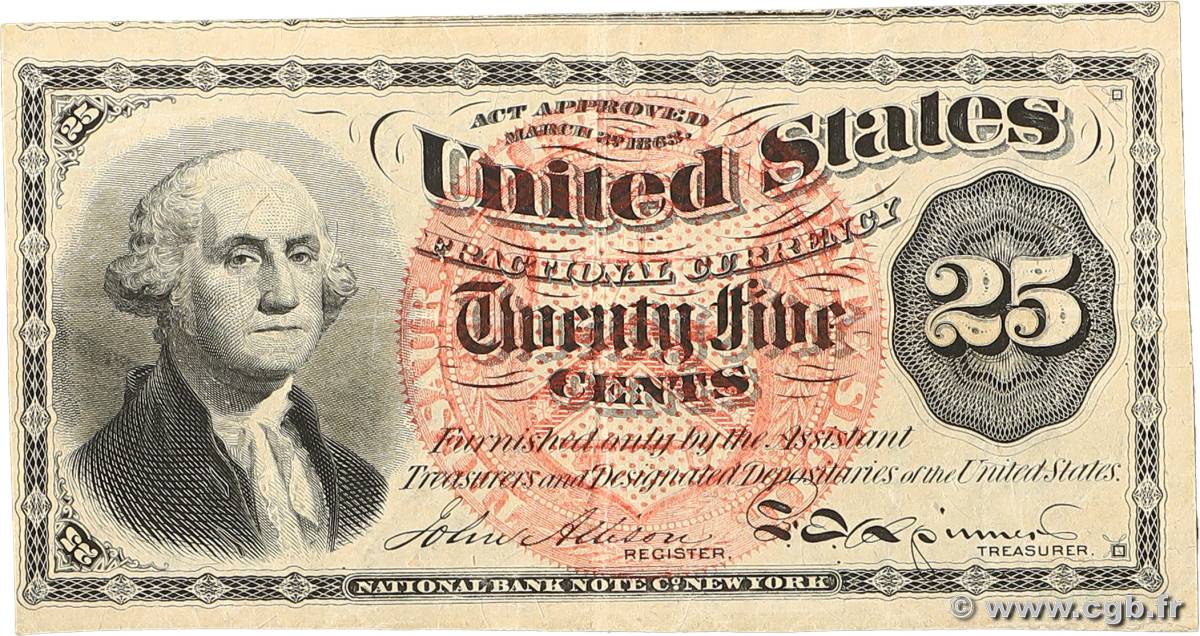 25 Cents UNITED STATES OF AMERICA  1863 P.118a VF+