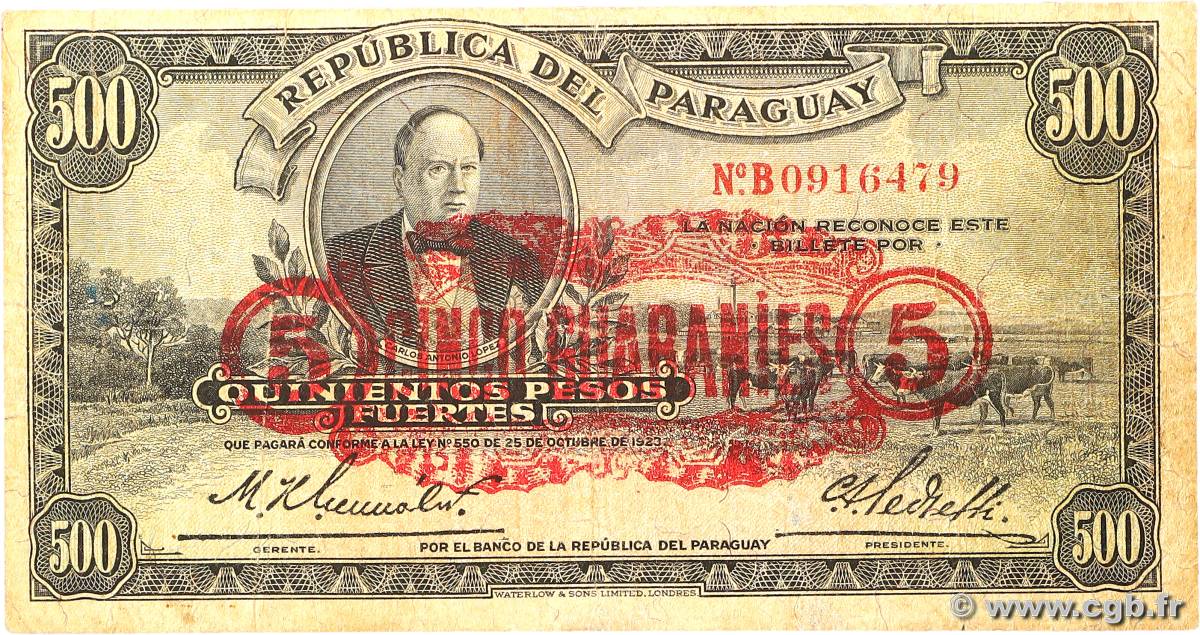 5 Guaranies sur 500 Pesos Fuertes PARAGUAY  1943 P.174 TB