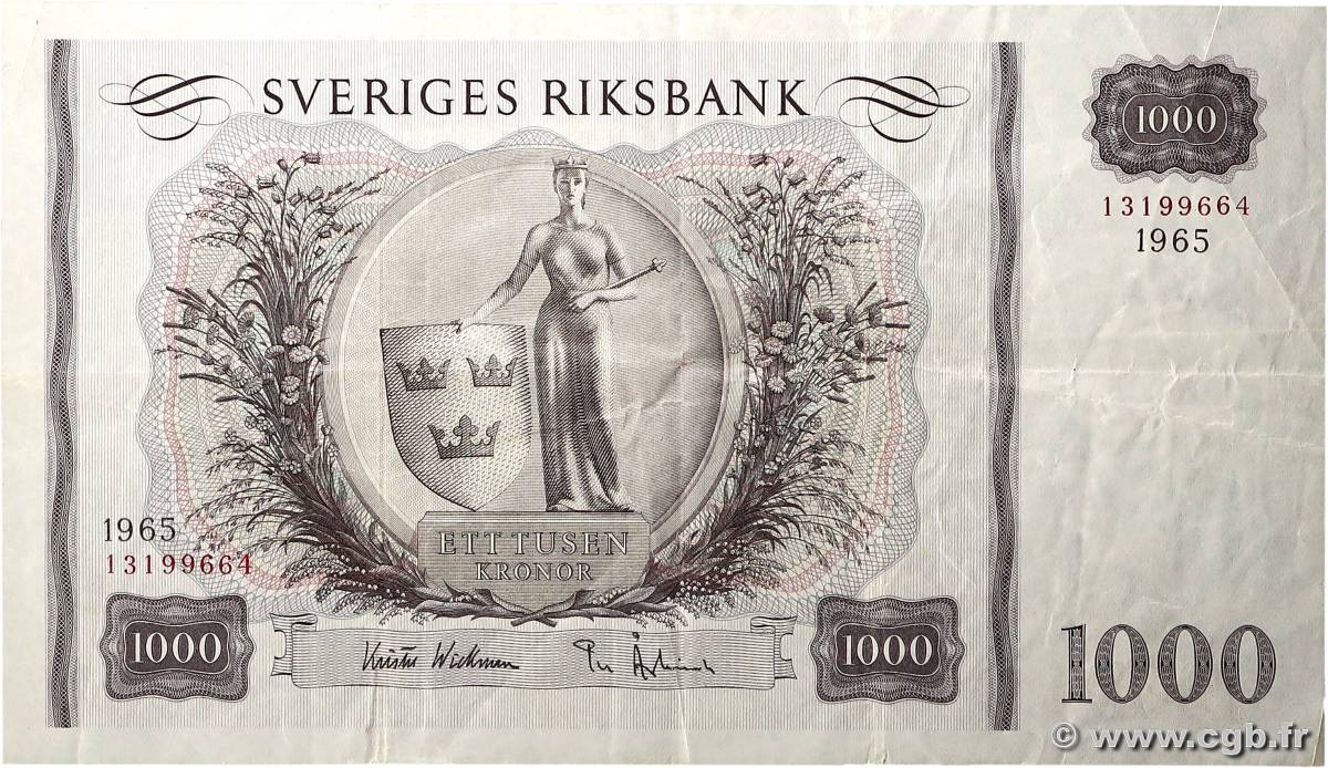 1000 Kronor SUÈDE  1965 P.46d TTB