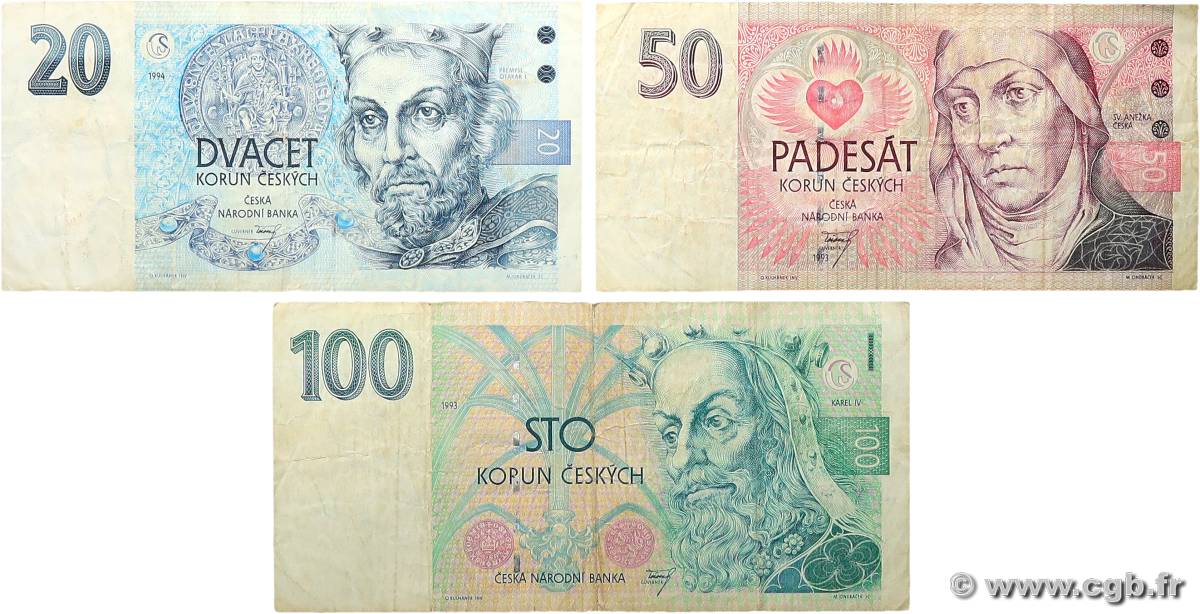 20 à 100 Korun Lot CZECH REPUBLIC  1993 P.04a, P.05a et P.010a F