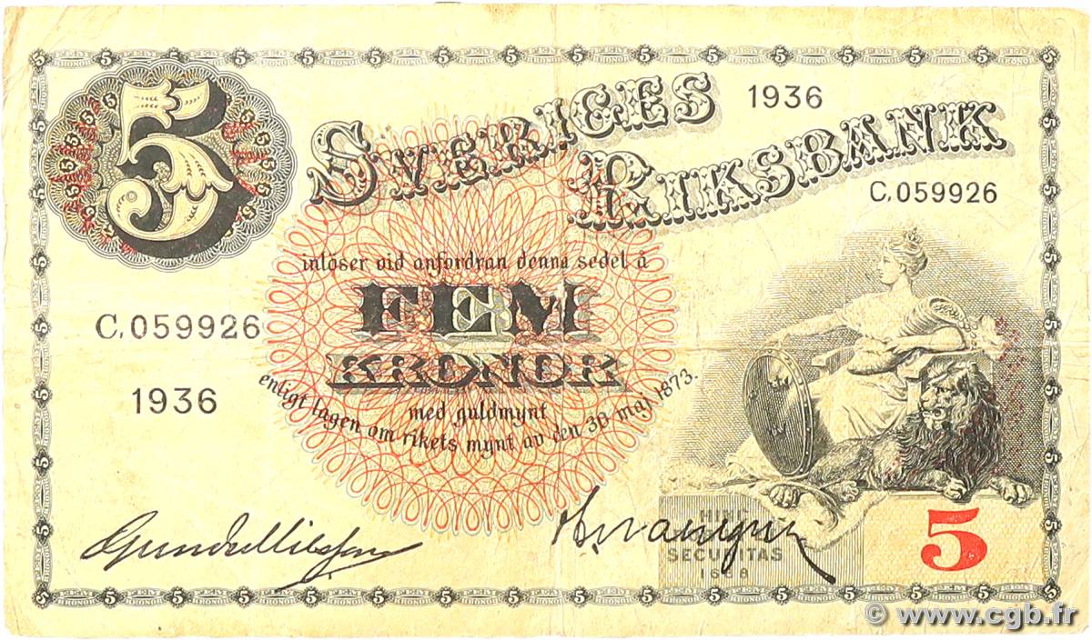 5 Kronor SUÈDE  1936 P.33s S